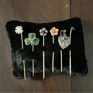 Lot of 6 Vintage / Antique Stick Pins Flowers Shamrocks Krementz Heart
